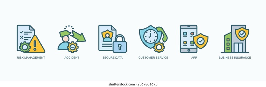 Business Security And Support Icon Set Icon Set Isolated Vector Illustration Concept With Icon Risk Management, Accident, Secure Data, Customer Service, App, Business Insurance In Outline Color Style