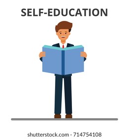 Business self-education. Man reading book. Businessman learning, personal development, professional development, growth. Flat style vector illustration isolated on white background.