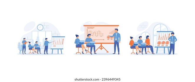 business seminar concept, Business coach speaking in front of audience, presenting charts and reports on seminar, training, set flat vector modern illustration