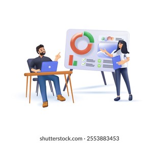 Business seminar, conference vector 3D illustration. Company personnel training, career development course concept. Business coach and lecture listeners, businesspeople cartoon characters. 3D cartoon