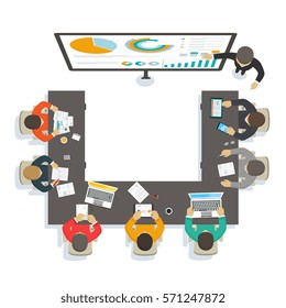 Business seminar. Consultant provides training on analytics, marketing, accounting report, economic market analysis. Public conference for business strategy.