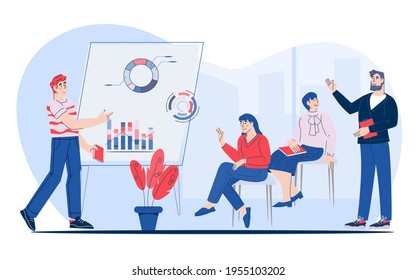 Business seminar or corporate training with company employees listening to the presenter, flat vector illustration. Motivational training conference, training to improve qualifications of employees.