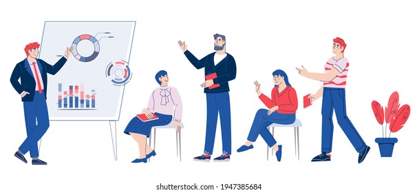 Business seminar or corporate training scene with presenter making presentation, flat vector illustration isolated on white background. Motivational training or business conference.