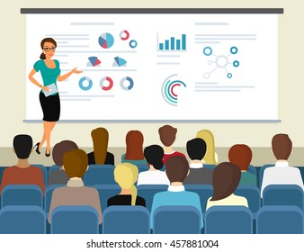 Business seminar female speaker doing presentation and professional training about marketing, sales and e-commerce. Flat illustration of public conference and motivation for business audience