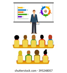 Business seminar. Flat style vector illustration isolated on white background.Businessman in suit and tie making presentation explaining charts on a white board. 