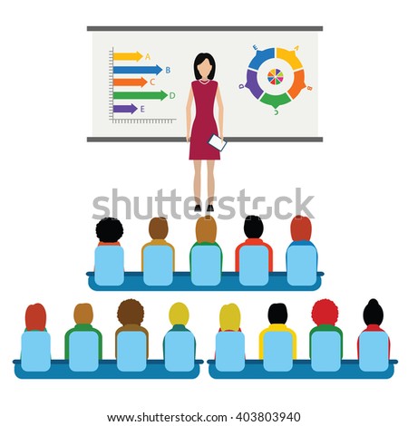 Business seminar. Flat style vector illustration isolated on white background.Busineswoman in suit and tie making presentation explaining charts on a white board. 