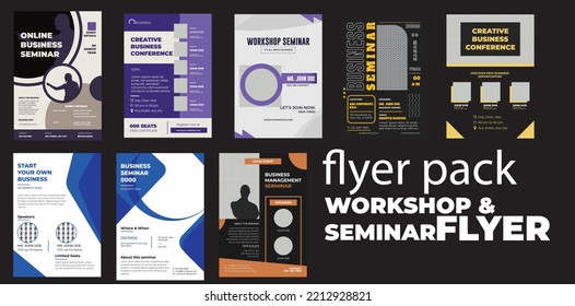 Business seminar flyer, poster, and marketing elements. Flyer pack, eight flyers in one bundle.