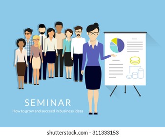 Business seminar with managers and business trainer. Flat illustration. Text outlined, free font Lato