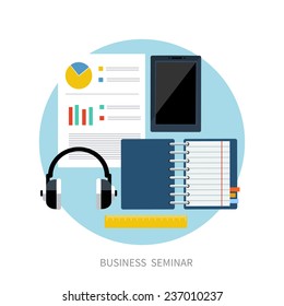 Business seminar. Online conference webinar and training on the web concept in flat style