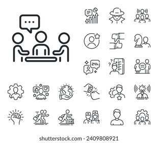 Signo del seminario de negocios. Iconos del perfil de especialista, médico y de la competencia laboral. Icono de línea de conversación. Símbolo de reunión de trabajo. Gente chateando el cartel de la línea. Marcador de posición de Avatar, icono de imagen de cabeza de espía. Vector