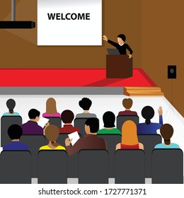 Business seminar speaker doing presentation and professional training about marketing, sales and e-commerce. Flat vector illustration of presentation conference and motivation for business audience.