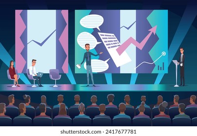 Profesor de seminarios de negocios que realiza presentaciones y formación profesional sobre marketing, ventas y comercio electrónico. Ilustración vectorial plana de la conferencia de presentación y motivación para la audiencia empresarial