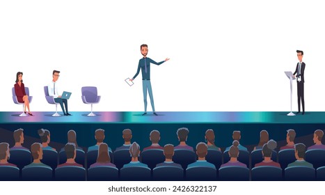 Orador de seminarios de negocios haciendo presentaciones y formación profesional sobre marketing, ventas y comercio electrónico. Ilustración vectorial plana de la conferencia de presentación y motivación para el público empresarial