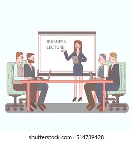 Business seminar speaker doing presentation and professional training about marketing, sales and e-commerce. Flat illustration of public conference and motivation for business audience