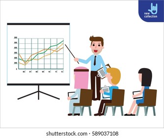 Business seminar speaker doing presentation.
professional training motivation concept.
marketing. meeting. plan. conference.
Vector flat cartoon character icon design illustration.