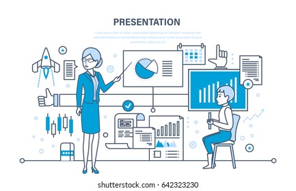 Business seminar speaker woman doing presentation and professional training about marketing, sales and e-commerce. Illustration thin line design of vector doodles, infographics elements.