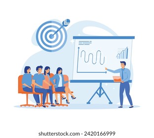 Business seminar speakers conduct professional presentations and training on marketing, sales and e-commerce. flat vector modern illustration 