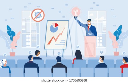 Business Seminar Strategy Idea. Businessman Speaker Doing Presentation at Podium on Stage. Professional Marketing Sales, E-Commerce Training Front of Audience. Motivation Conference. Covid Outbreak