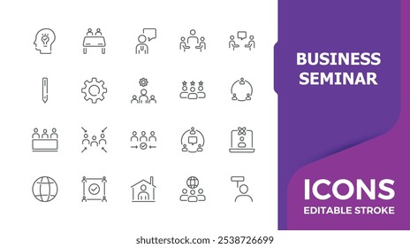 Business seminar thin line icon set. Containing teamwork, professional, lecture, meeting, organisation, webinar and more. Minimalist thin icons. Vector illustration in modern line style.