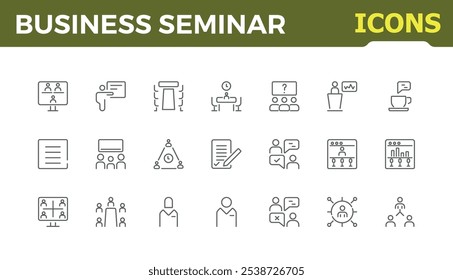 Business seminar thin line icon set. Containing teamwork, professional, lecture, meeting, organisation, webinar and more. Minimalist thin icons. Vector illustration in modern line style.