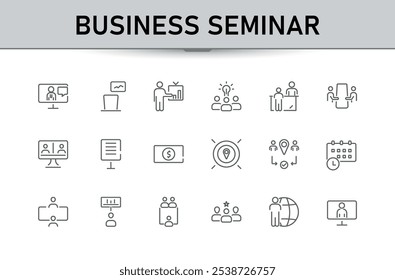 Business seminar thin line icon set. Containing teamwork, professional, lecture, meeting, organisation, webinar and more. Minimalist thin icons. Vector illustration in modern line style.