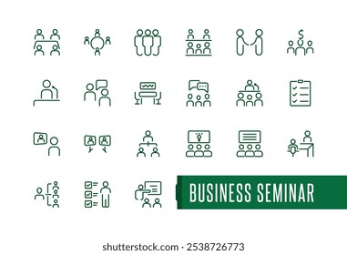 Business seminar thin line icon set. Containing teamwork, professional, lecture, meeting, organisation, webinar and more. Minimalist thin icons. Vector illustration in modern line style.