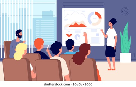 Business seminar. Woman speaker conference presentation success. Businesswoman reading lecture. Coach marketing strategy vector illustration