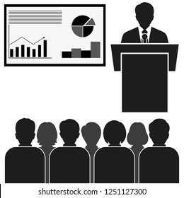 Business Seminar.Business Man Tribune Speech People Group Meeting Silhouettes on White Background