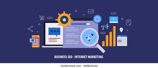 Business SEO, Internet Marketing Strategy, Digital Marketing Concept With Icons And Objects Vector Illustration