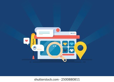 Business SEO, SEO for local shop, Offline Store SEO strategy, Business listing on search engine - vector illustration background with icons