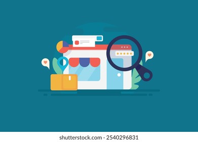 Business SEO marketing, SEO for online store, eCommerce shop optimization, Digital marketing for online store - vector illustration with icons