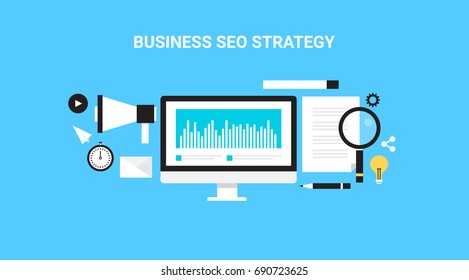 Business SEO strategy, search engine optimization, digital marketing business, SEO advertising campaign flat vector banner with icons on blue background