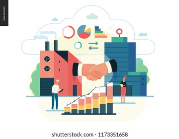 Business series - b2b. business to business - modern flat vector illustration concept of b2b - a factory and a corporate buildings shaking their hands. Creative landing page design template. Color 1