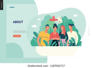 Business series, color 1 - about company, contact -modern flat vector concept illustration of a company employees posing together. Business workflow management. Creative landing page design template