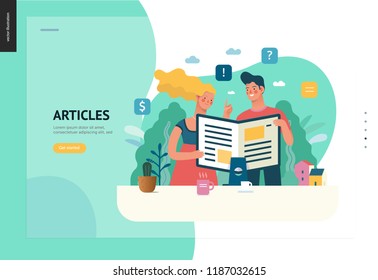 Business series, color 1 - articles - modern flat vector illustration concept of man and woman reading article on the folded computer screen like a magazine. Creative landing page design template