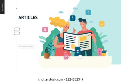 Business Series, Color 1 - Articles - Modern Flat Vector Illustration Concept Of Man And Woman Reading Article On The Folded Computer Screen Like A Magazine. Creative Landing Page Design Template