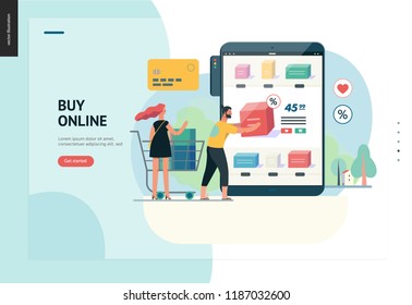 Business series, color 1 - buy online shop - modern flat vector illustration concept of man and woman shopping online Website interaction and purchasing process. Creative landing page design template