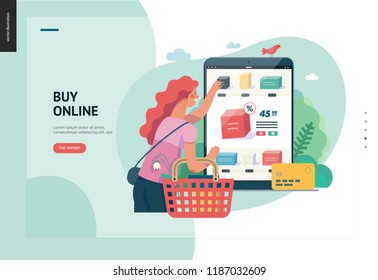 Business series, color 1 -buy online shop -modern flat vector illustration concept of woman shopping online holding basket. Website interaction -purchase process. Creative landing page design template