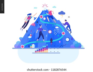 Business series, color 1- career -modern flat vector illustration concept of career - people climbing the mountain. Climbing up the career ladder process metaphor Creative landing page design template