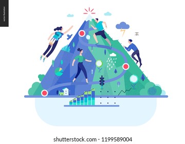 Business series, color 1- career -modern flat vector illustration concept of career - people climbing the mountain. Climbing up the career ladder process metaphor Creative landing page design template