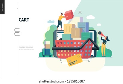 Business series, color 1- cart - modern flat vector illustration concept of online shop - people placing boxes into the cart. Purchase cart and shopping process. Creative landing page design template