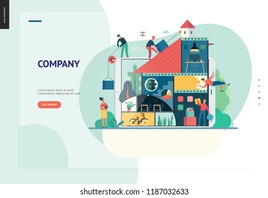 Business series, color 1 -company, teamwork, collaboration -modern flat vector illustration concept of people constructing a company Business workflow management. Creative landing page design template