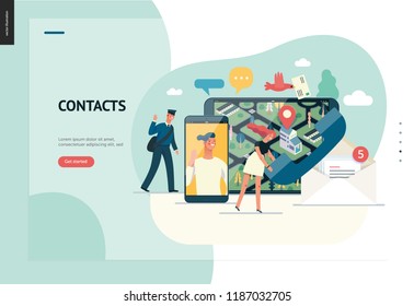 Business series, color 1 - contacts - modern flat vector illustration concept of intercommunicators. Connection ways and tools -web, phone, chat, messenger, post. Creative landing page design template