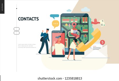 Business series, color 1 - contacts - modern flat vector illustration concept of intercommunicators. Connection ways and tools -web, phone, chat, messenger, post. Creative landing page design template