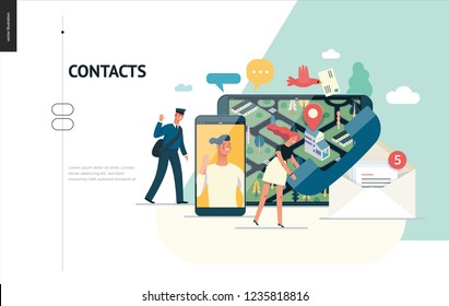 Business series, color 1 - contacts - modern flat vector illustration concept of intercommunicators. Connection ways and tools -web, phone, chat, messenger, post. Creative landing page design template