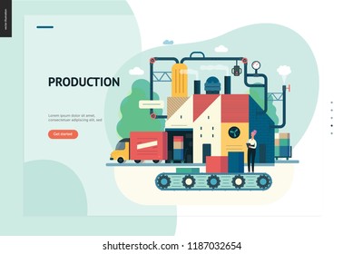 Business series, color 1 - factory production -modern flat vector illustration concept of industrial enterprise. Manufacturing and production interaction process. Creative landing page design template