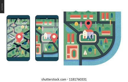 Business series, color 1 - map - modern flat vector illustration, creative concept of location. Isometric and flat maps with a marked building, streets and trees on the smartphone screens