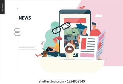 Business series, color 1 - news or articles- modern flat vector illustration concept of people reading news on various medium and tablet screen, glasses, coffee. Creative landing page design template