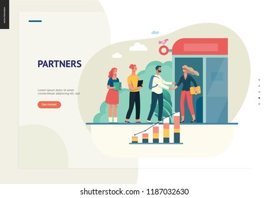 Business series, color 1 - partners -modern flat vector illustration concept of people shaking their hands in the office entrance. Business workflow management. Creative landing page design template