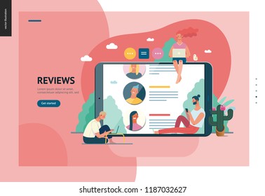 Business Series, Color 1 - Reviews -modern Flat Vector Illustration Concept Of People Writing Reviews And The Review Page On The Tablet Screen. Creative Landing Page Or Company Product Design Template